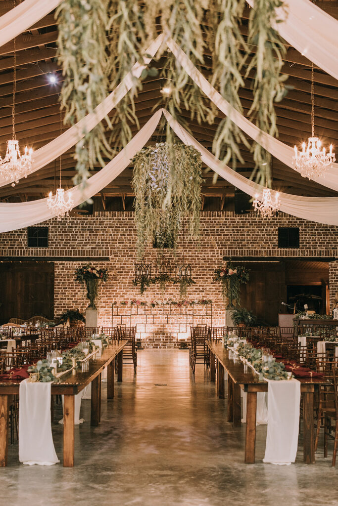 wedding reception space and decor at Live Oak Plantation in Pensacola, FL