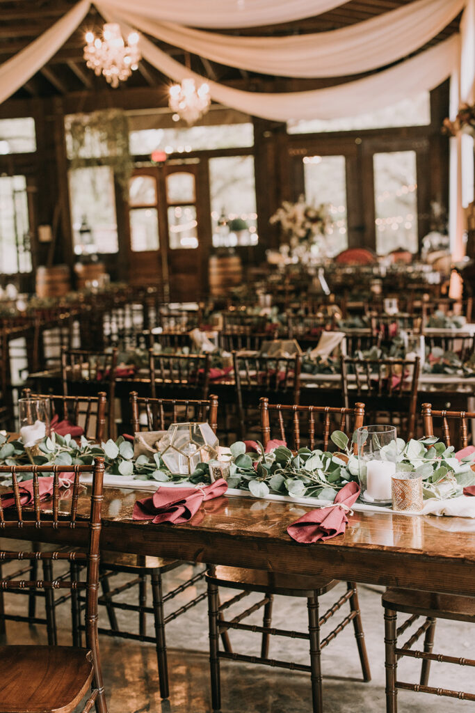 wedding reception space and decor at Live Oak Plantation in Pensacola, FL