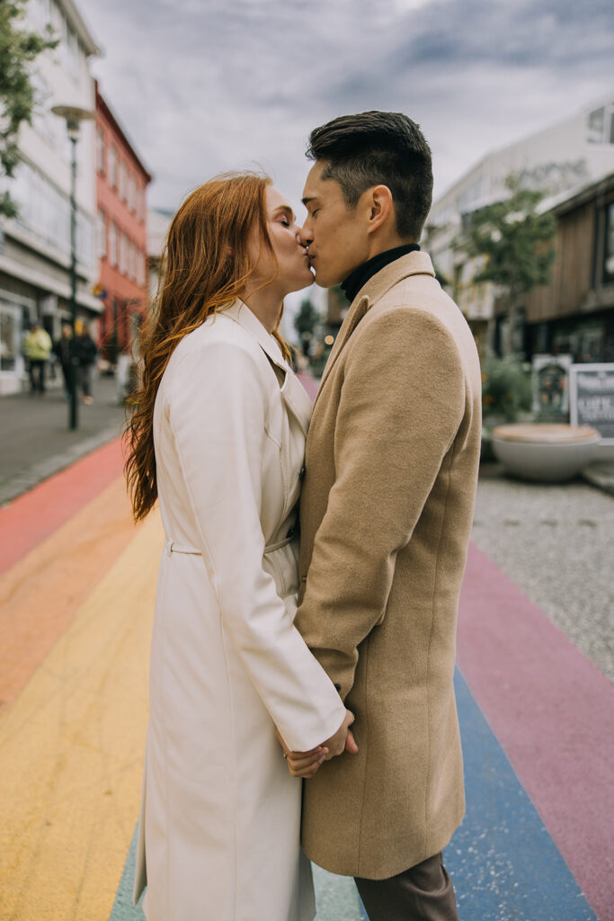 elopement couple exploring the colorful streets of downtown Reykjavik in Iceland