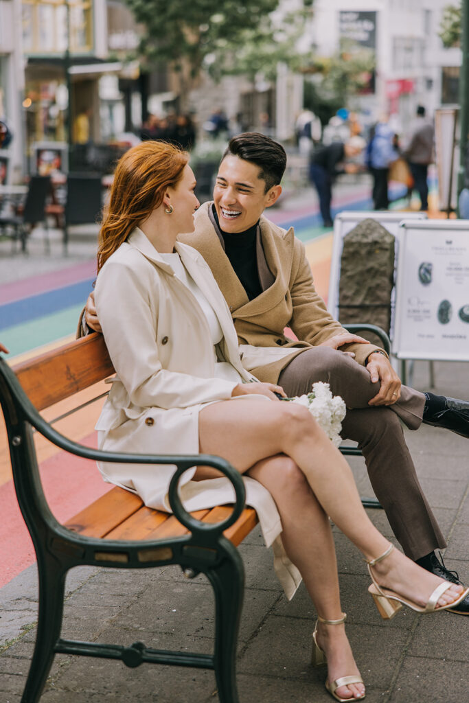 elopement couple exploring the colorful streets of downtown Reykjavik in Iceland