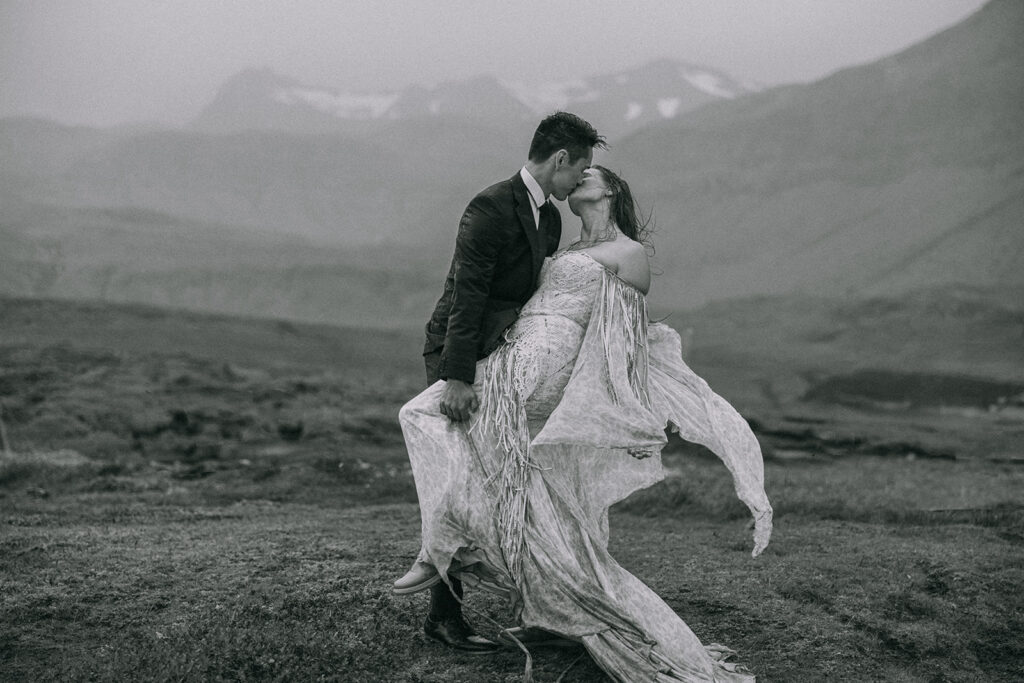 dreamy bride and groom during their Iceland Vow Renewal at Skogafoss Waterfall