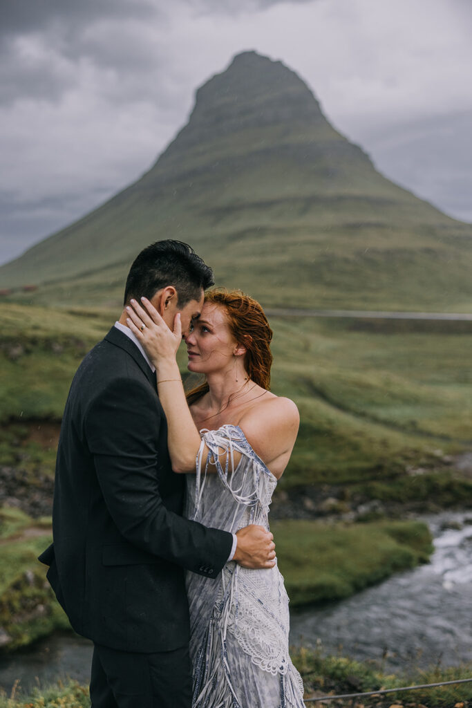 intimate bride and groom moment with Iceland backdrops