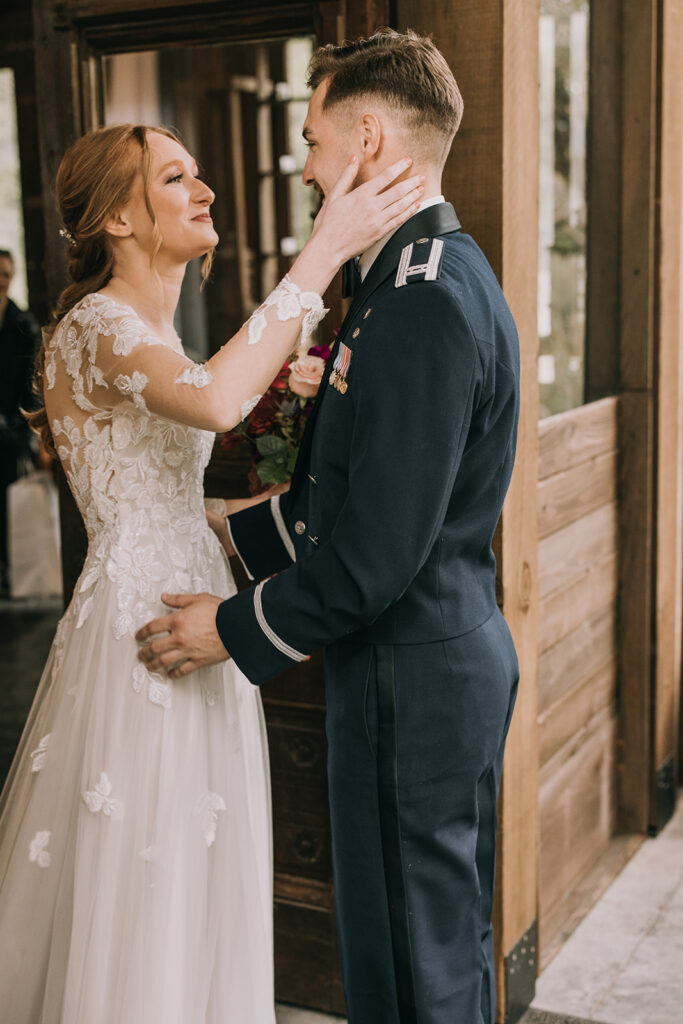 bride and groom first look as captured by the main photographer and second shooter