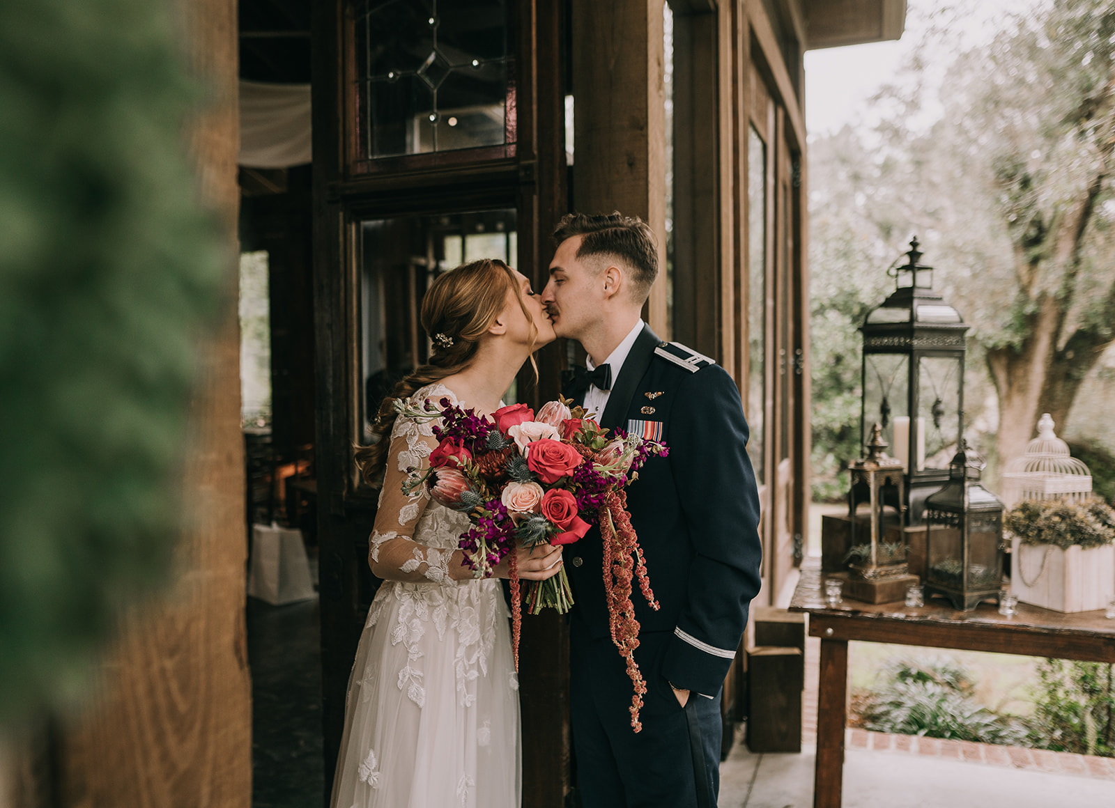 Bride and groom share a private moment together before their wedding ceremony.